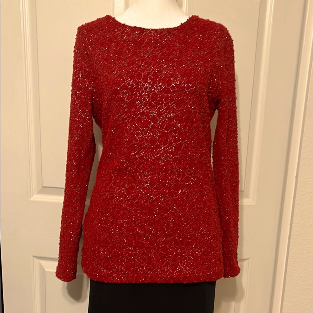 Jennifer Lopez knit lace sweater red with silver thread & sequins. V-back. Sz M - Picture 2 of 14
